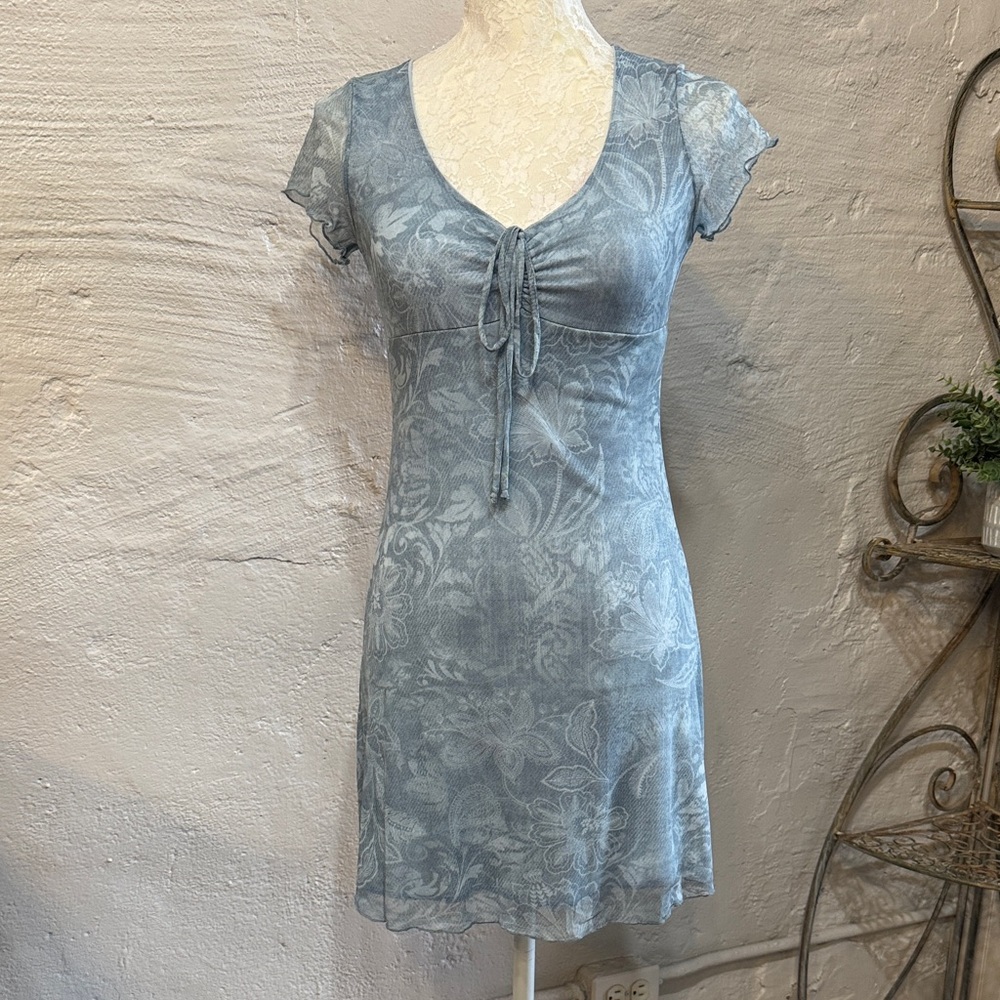 See You Monday Large Blue Sheer Floral Dress w/Lining Babydoll Mini S/S